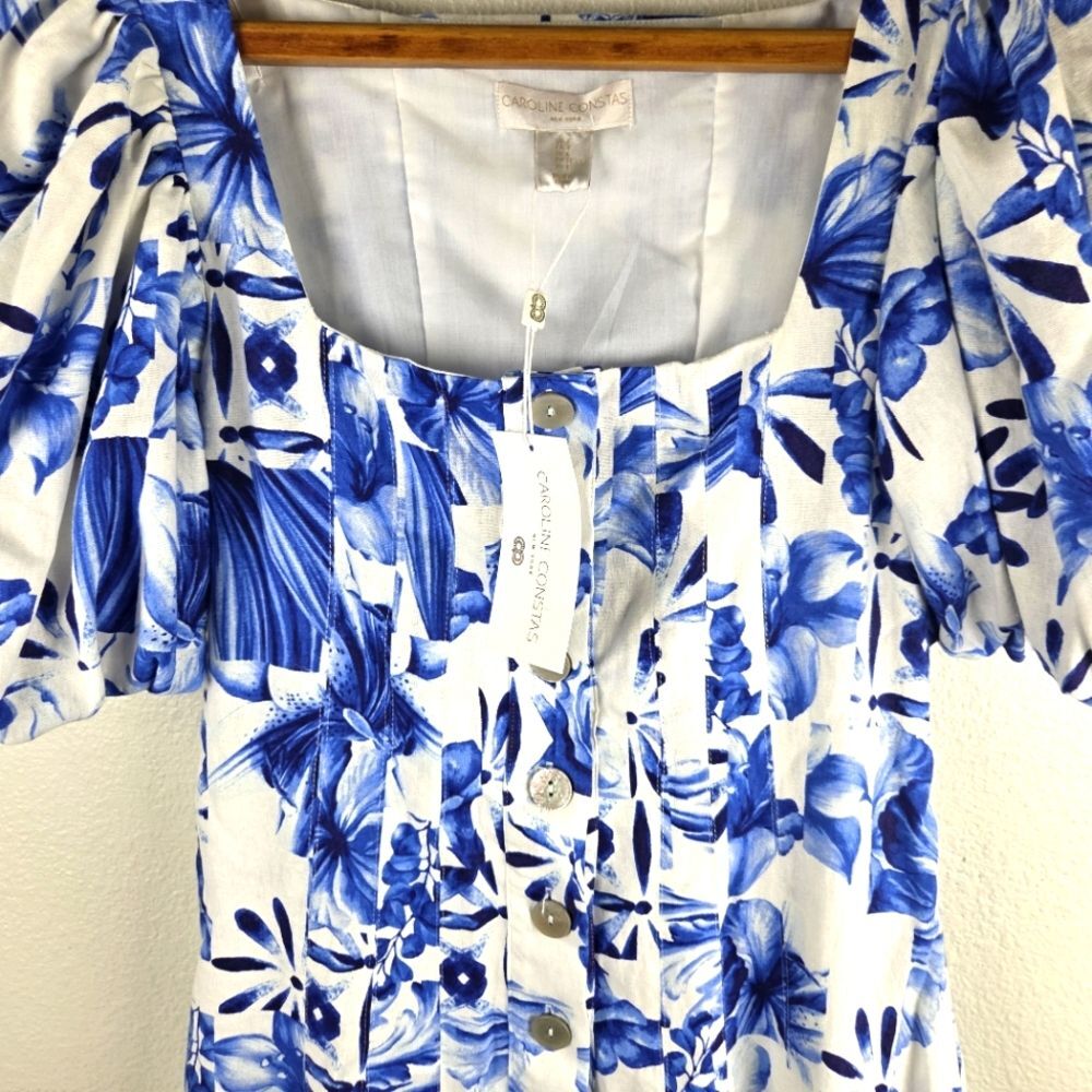 Caroline Constas NWT Linen Blend Floral Blue and White Mini Dress Size 02/XS - Picture 5 of 13
